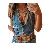 SANSIWU Women Button Down Denim Vest Y2K Sleeveless Deep V Neck Cropped Jean Tank Top Fitted Jacket Waistcoat Bustier Streetwear (Dark Blue, L)