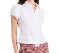 SANSIWU Women Button Down Shirt Casual Solid Color/Stripe Print Short Sleeve Tops Blouse for Streetwear Aesthetic Clothes (E-White, S)