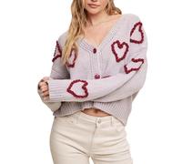 SANSIWU Women Button Up Sweaters Y2K Heart Crochet Cropped Long Sleeves Knit Cardigans Warm Fall Knitwear for Streetwear (A-01, S)
