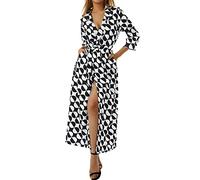 SANSIWU Women Casual Midi Dress Long Sleeve V-Neck Turn Down Collar Mid-Waist Elegant CasualTie-upDress (Black White Dot, M)