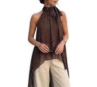 SANSIWU Women Chiffon Halter Top Y2K Sleeveless Mock Neck Asymmetrical Flowy Tank Tops for Party Club (A-Brown Dot, M)