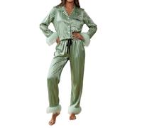 SANSIWU Women Christmas Feather Trim Silk Satin2 Piece Pajamas Set Long Sleeve Button UP Shirts Pants Suit Y2k Loose Casual Night Wear (B-Green, XL)