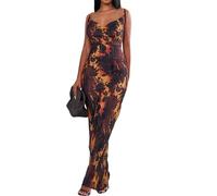 SANSIWU Women Cowl Neck Printed Plisse Maxi Dress Sexy Spaghetti Strap Tank Dress Club Party Y2k Retro Dress (A-Brown Orange Leaf, M)