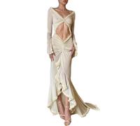 SANSIWU Women Crochet Maxi Dress Sexy Mesh Sheer Y2k Floral See Through Low Cut Backless Bodycon Fitted Long Dress Coverups (A-Yellow, M)