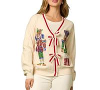 SANSIWU Women Cute Christmas Sweater Cardigan Nutcracker Sparkly Sequin Print Bow Tie Front Knit Cute Ugly Christmas Sweaters (A-Red1, L)