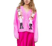 SANSIWU Women Cute Christmas Sweater Cardigan Nutcracker Sparkly Sequin Print Bow Tie Front Knit Cute Ugly Christmas Sweaters (B-Pink2, XL)