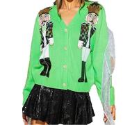 SANSIWU Women Cute Christmas Sweater Cardigan Nutcracker Sparkly Sequin Print Bow Tie Front Knit Cute Ugly Christmas Sweaters (B-Green, M)
