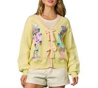 SANSIWU Women Cute Christmas Sweater Cardigan Nutcracker Sparkly Sequin Print Bow Tie Front Knit Cute Ugly Christmas Sweaters (A-Light Yellow, L)