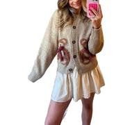 SANSIWU Women Cute Christmas Sweater Cardigan Nutcracker Sparkly Sequin Print Bow Tie Front Knit Cute Ugly Christmas Sweaters (D-Khaki, S)