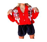 SANSIWU Women Cute Christmas Sweater Cardigan Nutcracker Sparkly Sequin Print Bow Tie Front Knit Cute Ugly Christmas Sweaters (B-Red2, XL)