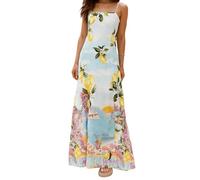 SANSIWU Women Cute Graphic Print Maxi Dress Boho Sleeveless Spaghetti Strap Cami Dress Square Neck Ruffled Flowy A-Line Dresss (E-Mixed Color, XL)