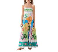 SANSIWU Women Cute Graphic Print Maxi Dress Boho Sleeveless Spaghetti Strap Cami Sundress Square Neck Ruffled Flowy A-Line Dressses (B-Green, M)
