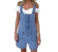 SANSIWU Women Denim Bib Overalls Shorts High Waist Baggy Front Buttons Overalls Loose Jean Jumpsuit Romper Pants With Pockets (Sky Blue, XL)