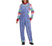 SANSIWU Women Devil Costume Halloween Chucky Costume Long Sleeve Fake Two-Piece Blue Cartoon Striped Jumpsuit Overalls Outfits (standard, XL, Blue)