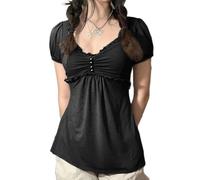 SANSIWU Women Fairy Grunge Y2K Shirts Sweet Puff Short Sleeve Square Neck Lace Patchwork Slim Fit Crop Top (A-Black.1, S)