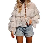 SANSIWU Women Floral Eyelet Cake Shirts Long Sleeve Round Neck Tops Front Tie Up Jacquard Blouses Tiered Ruffles Semi Sheer Loose Outfit (A-White, M)