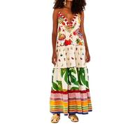 SANSIWU Women Floral Spliced Dress Sassy Spaghetti Strap Deep V-Neck Backless Sleeveless Tropical Beach Dresses Boho Sundress Clubwear (Mixed Color, M)