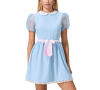 SANSIWU Women Girls Twins Costume Blue Mini Dresses Short Mesh Sleeve Creepy Twins Sister Cosplay Halloween Dress with Belt (A-Mixed Color, L)
