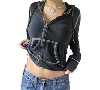 SANSIWU Women Graphic Zip Up Crop Hoodie Y2K Vintage Skull Skeleton Long Sleeve Hooded Pullover Autumn Streetwear (C-Black1, M)