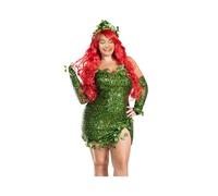 SANSIWU Women Halloween Deluxe Green Poison Ivy Cosplay Costume Fake Leaves Sequin Fairy Dress With Gloves Set (A-Green, M)