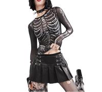 SANSIWU :Women Halloween Mesh Skeleton Print Tops Fitted Black Long Sleeve Crop Tops Casual Horror Shirt (Black, S)