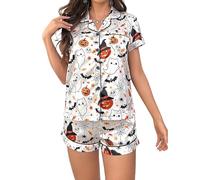 SANSIWU Women Halloween Pajama Set Ghost Pumpkin Print Short Sleeve Button Closure Top+Printed Shorts Sleepwear Loungewear (White, L)