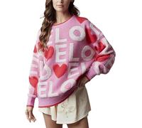SANSIWU Women Heart Print Sweater Valentine’s Day Cute Love Heart Knit Pullover Top Oversized Y2k Knitwear (Love Pink, S)