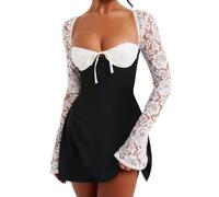 SANSIWU Women Lace Bodycon Mini Dress Y2K Floral Lace Patchwork Tie Up Backless Low-Cut A-Line Party Bustier Short Cami Dress Cocktail Streetwear (Multicolor, L)