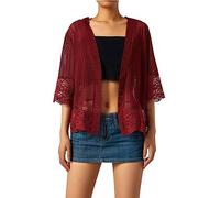 SANSIWU Women Lace Cardigan Shrug Crochet Knitted Short Sleeve Open Front Bolero Jacket Patchwork Mesh Sheer Knit Summer Beach Cover Up (A-Wine Red, XL)