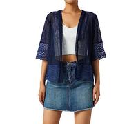 SANSIWU Women Lace Cardigan Shrug Crochet Knitted Short Sleeve Open Front Bolero Jacket Patchwork Mesh Sheer Knit Summer Beach Cover Up (A-Dark Blue, L)