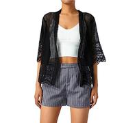 SANSIWU Women Lace Cardigan Shrug Crochet Knitted Short Sleeve Open Front Bolero Jacket Patchwork Mesh Sheer Knit Summer Beach Cover Up (A-Black, S)