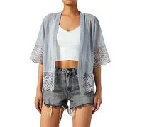 SANSIWU Women Lace Cardigan Shrug Crochet Knitted Short Sleeve Open Front Bolero Jacket Patchwork Mesh Sheer Knit Summer Beach Cover Up (A-Grey, XL)