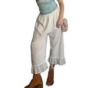 SANSIWU Women Lace Long Bloomers Pants Elastic Waist Y2k Ruffle Pettipants Slip Cute Pumpkin Pants Pajama Pj Bottoms (B-White2, M)