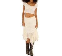 SANSIWU Women Lace Long Skirt Sheer Mesh See Through High Waist A-line Midi Skirt Y2K Boho Flowy Skirt Summer Beach Maxi Skirts (White, L)