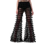 SANSIWU Women Layered Ruffle Tulle Pants High Waist Wide Leg Long Trousers Sheer Mesh Tiered Cover Up Pants Beach Wear (C-Black3, S)