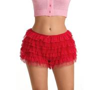 SANSIWU Women Lolita Bloomers Cute Ruffle Shorts Lace Pumpkin Pants Sexy Boyshorts Cute Fluffy Micro Shorts Pettipants (B-Red, S)