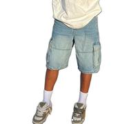 SANSIWU Women Man Raw Hem Ripped Bermuda Denim Shorts High Waist Zip Fly Button Up Short Jeans Stretch Wide Leg Knee Length Casual Jeans (F-Man Blue, L)