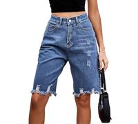 SANSIWU Women Man Raw Hem Ripped Bermuda Denim Shorts High Waist Zip Fly Button Up Short Jeans Stretch Wide Leg Knee Length Casual Jeans (A-Blue, XL)