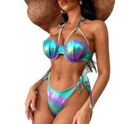 SANSIWU Women Mermaid Shell Bikini Set Pearl Chain Halter Push Up Bathing Suit with Side Tie Triangle Bottoms Bathing Suit (A-Green, M)