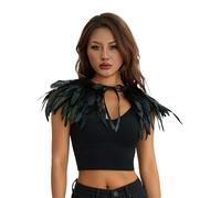 SANSIWU Women Natural Feather Cape Maleficent Costume Gothic Lacing Shawl Shrug Collar Feather Cloak for Halloween Cosplay Party (A-Black Green, One Size)