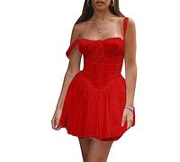 SANSIWU Women Off Shoulder Corset Mini Dress Casual Puff Short Sleeve Backless Ruched A-line Dress Boho Ruffle Beach Short Dress (B-Red, XL)