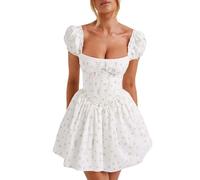 SANSIWU Women Off Shoulder Corset Mini Dress Casual Puff Short Sleeve Backless Ruched A-line Dress Boho Ruffle Beach Short Dress (White, S)