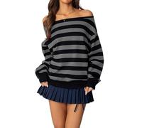 SANSIWU Women Off Shoulder Top Y2K Vintage Striped Long Sleeve Color Block Cable Crochet Knit Jumper Harajuku 90s Streetwear