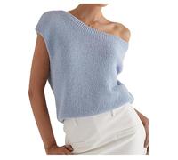 SANSIWU Women Off The Shoulder Crop Tops Y2k Going Out Sweater Shirt Oversized Cap Sleeve Knit Tops (Light Blue, S)