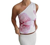 SANSIWU Women One Shoulder Y2k Floral Print Tank Top Flowers Camisole Sleeveless Sexy Backless Crop Tops Going Out (A-Pink, S)
