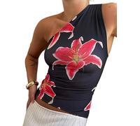 SANSIWU Women One Shoulder Y2k Floral Print Tank Top Flowers Camisole Sleeveless Sexy Backless Crop Tops Going Out (A-Black, M)