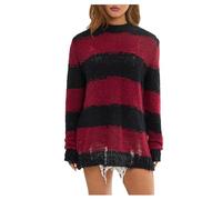 SANSIWU Women Oversize Gothic Knitting Sweater Hole Ripped Striped Long Sleeve Round Neck Pullover Casual Distressed Sweater Y2k Streetwear (A-03, One Size)