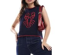 SANSIWU Women Oversized Cherry Sweater Vest Girl Vintage Crewneck Sleeveless Loose Tank Top Vest Cable Knit Pullover (Navy Blue, S)