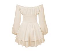 SANSIWU Women 's Boho Off Shoulder Romper Lantern Long Sleeve Double Layer Ruffle Hem Waist Tie Back Short Chiffon Jumpsuits (B-Apricot, L)