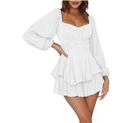 SANSIWU Women 's Boho Off Shoulder Romper Lantern Long Sleeve Double Layer Ruffle Hem Waist Tie Back Short Chiffon Jumpsuits (White, XL)
